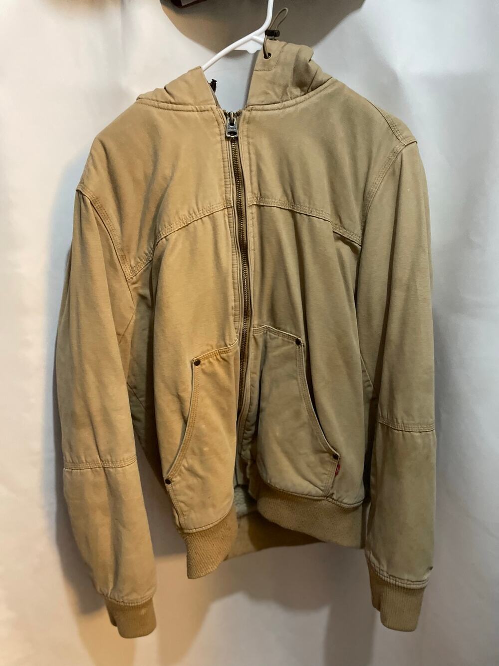 Levi's Coat Mens M Sherpa Lined Canvas Utility Trucker Jacket Hoodie Tan Zip Up